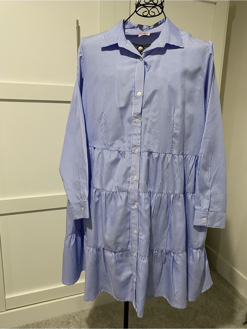 Button-Front Blue Striped Tiered Casual Dress